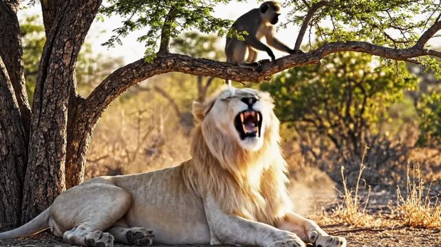A magnificent male lion with a striking golden mane is captured in a powerful moment, lying on the dry, sun-drenched ground as it lets out a commanding roar or a wide yawn, revealing its impressive te