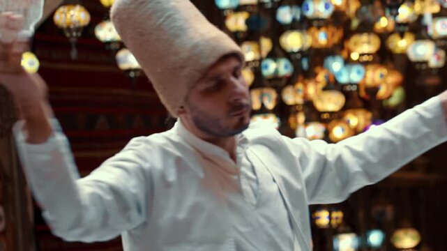 Whirling dervishes performing traditional Sufi dervish dance, spiritual ritual in Turkey