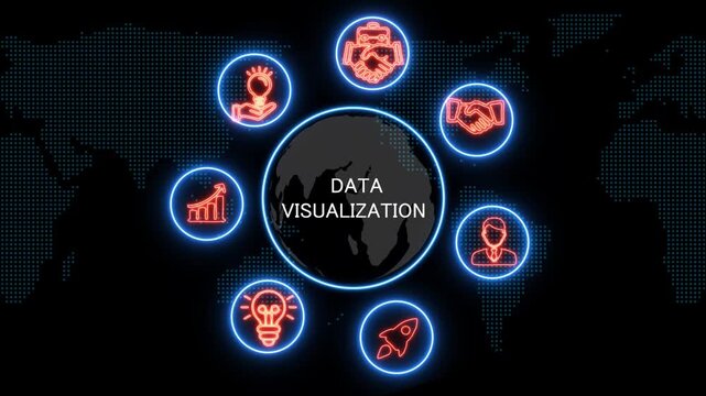 shows glowing neon line banner of data visualization concept with icons of business, responsibility, customers, integrity, goals, teamwork, commitment and innovation .4k