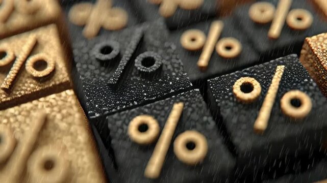 Golden and black cubes featuring percent symbols are arranged in a dynamic composition. the contrast and texture create a visually engaging scene, financial and mathematical concepts, ideal for econom