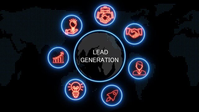 shows glowing neon line banner of lead enablement concept with icons of business, responsibility, customers, integrity, goals, teamwork, commitment and innovation .4k