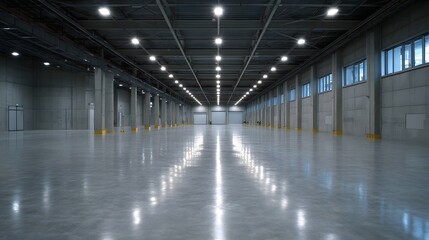 Obraz premium Vast empty industrial warehouse interior with polished concrete floor reflecting bright overhead lights