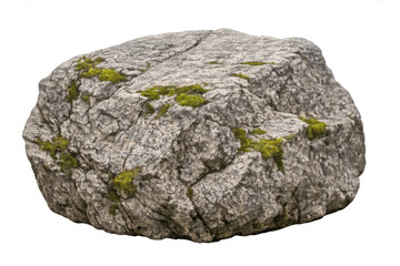 Rock boulder with green moss creating natural rugged texture, isolated on transparent background cutout