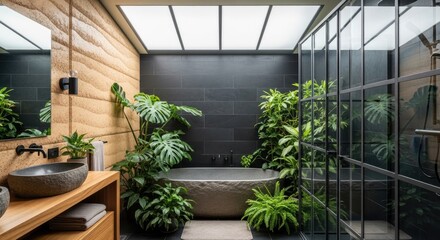 Modern Rammed Earth Bathroom with Stone Tub