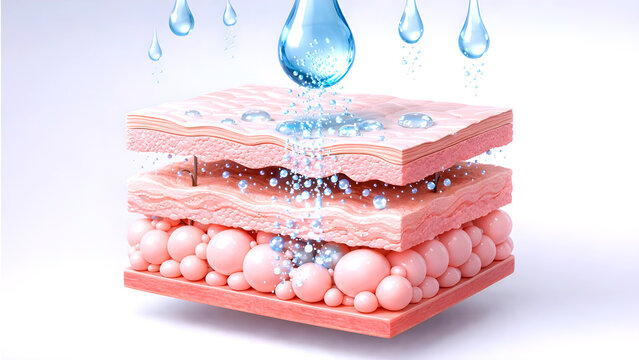 Deep Skin Hydration and Moisture Infusion Illustration Showing Water Droplets Penetrating Epidermis Dermis and Hypodermis to Enhance Skin Elasticity Smoothness and Long Lasting Hydration