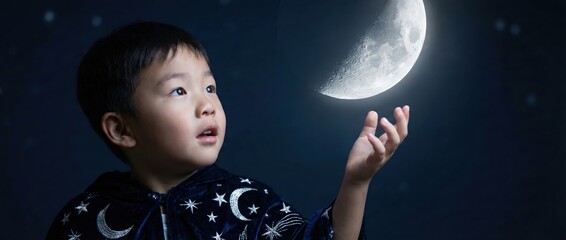 Naklejka premium Young Asian boy in wizard costume reaching for glowing moon, dreaming of space and fantasy Childs imagination, wonder, and exploration of the night sky Concept of childhood dreams and magic