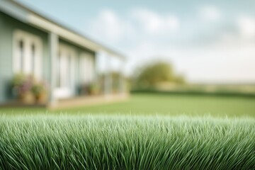 Lush green grass in sharp focus fills foreground, natural texture. Blurred house in soft focus background under bright, sunny sky