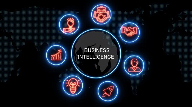 shows glowing neon line banner of business intelligence concept with icons of business, responsibility, customers, integrity, goals, teamwork, commitment and innovation .4k
