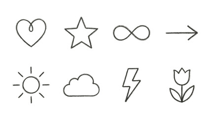 Black charcoal sketch symbol set including heart, star, infinity, arrow, sun, cloud, lightning, and flower isolated. Hand drawn minimalist icon collection.