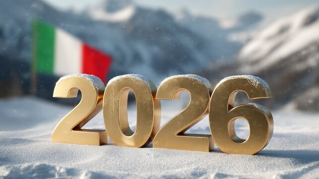 Golden numbers 2026 in snow with an Italian flag in the background. The scene represents the upcoming winter sports competitions in Italy.