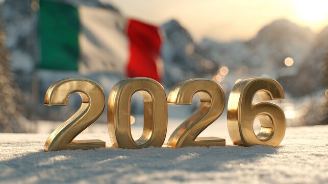 Golden numbers 2026 on snow with Italian flag in the background. Represents winter sports competitions in Italy, including skiing and hockey.