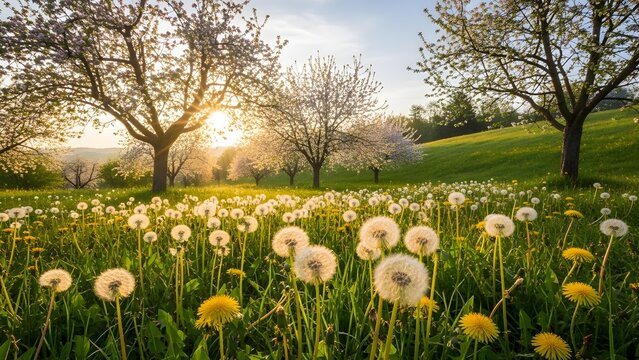 Sunlit spring meadow filled with yellow dandelions and delicate white seed heads beneath blossoming orchard trees, soft evening light and rolling hills creating a dreamy, peaceful landscape of wild be