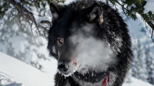 A majestic dark-furred wolf, with piercing amber eyes, stands intently in a pristine, snow-covered winter landscape. Its thick, dark fur is speckled with fresh snow, and subtle traces of blood are vis