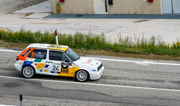 San Marino: 2010 09 01 Rally free event Classic Volkswagen Golf GTI Mk2 in period livery racing on a tarmac rally stage
