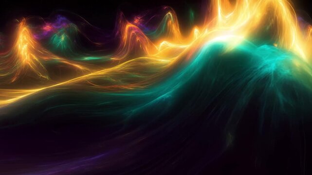 Bright colors form abstract waves and patterns in a digital landscape filled with light and movement