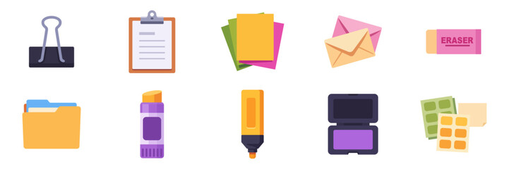 Set of office stationery with binder clip, clipboard, envelopes, file folder and highlighter, colorful collection with vector flat illustrations