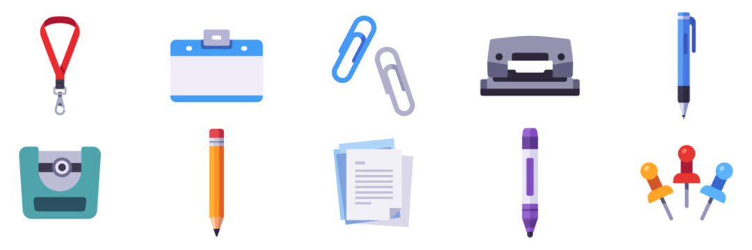 Set of office stationery with name badge, paper clips, hole punch, pen and marker, colorful collection with vector flat illustrations