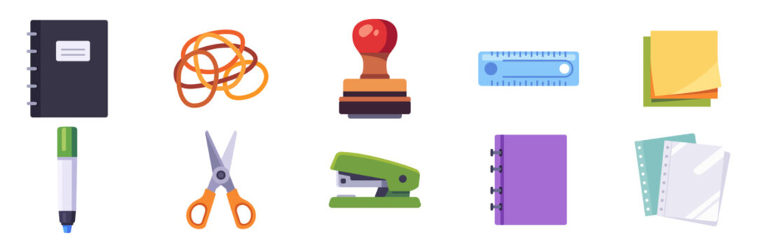Set of office supplies with ring binder, notebook, stapler, scissors, ruler and marker, colorful collection with vector flat illustrations