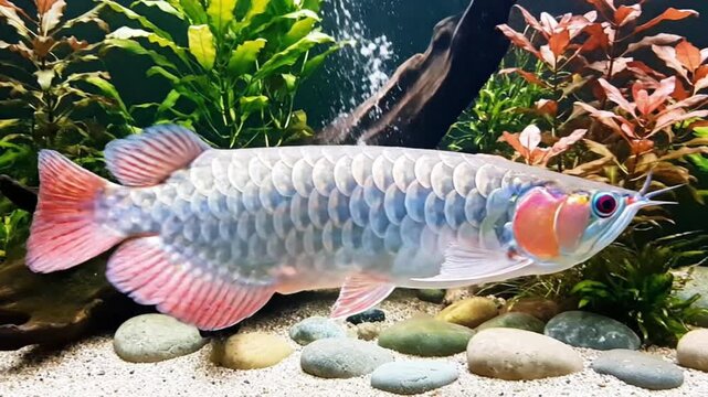 A majestic, iridescent fish with shimmering silver scales and vibrant red fins gracefully swims in a beautifully decorated home aquarium. The clear water reveals a peaceful underwater environment, com