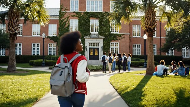 Student walking on campus with peers