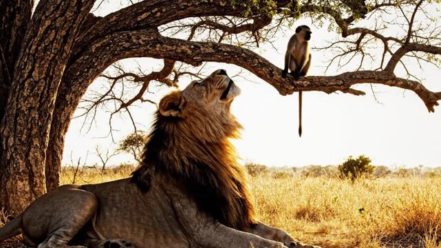 A majestic male lion with a magnificent mane lies serenely under the shade of an old, gnarled tree in a sun-drenched savanna. The golden light of the plains illuminates the scene, highlighting the tex