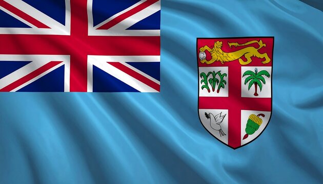 A vibrant image of a light-blue flag with a complex emblem and a Union Jack in the upper left corner. The flag has subtle textures