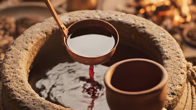 Close up view of red wine pouring from ancient stone water jar into clay cup depicting first miracle of Jesus Christ transforming water into wine at wedding feast