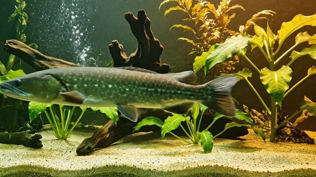 A majestic, speckled freshwater fish glides calmly through a vibrant, well-maintained aquarium, showcasing its striking patterns and serene movement. The aquatic environment is richly decorated with a