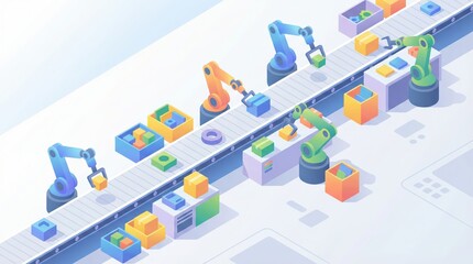 Fototapeta premium 3D rendered isometric illustration of automated robotic arms on a conveyor belt assembling colorful boxes in a modern factory