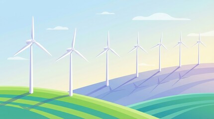 Wind farm on rolling hills at sunset - pastel vector illustration with wind turbines and a soft sky mood