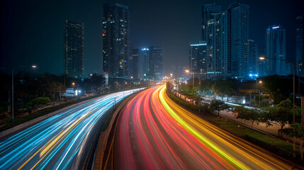 Obraz premium A city highway at night with colorful light trails from passing vehicles