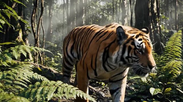 A majestic striped feline, a powerful apex predator, is captured in a captivating front-facing shot, walking directly towards the viewer through a dense, sun-drenched tropical forest. Lush green folia
