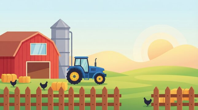 Colorful farmyard landscape illustration with red barn, tractor and silo at sunrise in a bright flat vector style