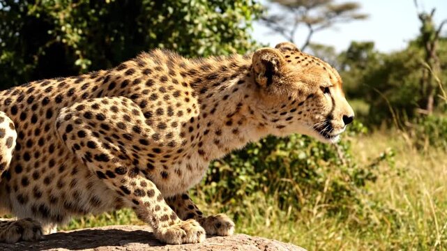 A majestic spotted wild cat crouches low, demonstrating its innate predatory instinct and powerful readiness in its natural habitat. The animal's distinctive patterned fur, indicative of its species, 