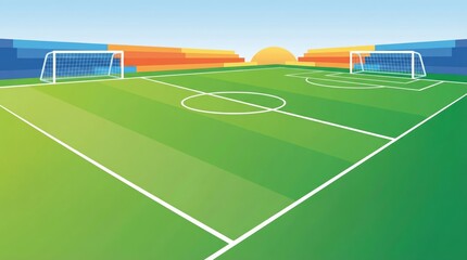 Fototapeta premium 3D render of a vibrant soccer field with goals, stadium stands and sunrise in a bright modern arena