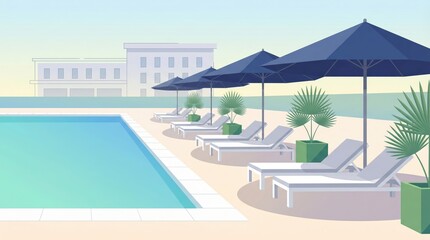 Fototapeta premium Poolside resort scene with lounge chairs and blue umbrellas by an outdoor sunny pool - vector illustration