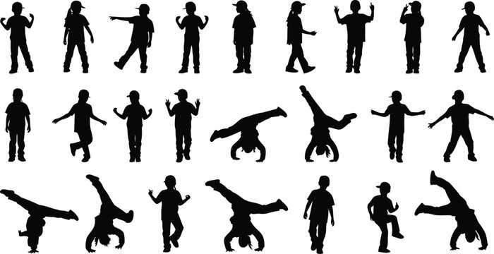 Set of children breakdancing poses featuring energetic b-boy and b-girl silhouettes.
