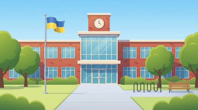 Cheerful 2D vector illustration of a modern school building with Ukrainian flag under a clear blue sky