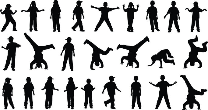 Minimalist kids urban dance silhouettes for dance school branding.