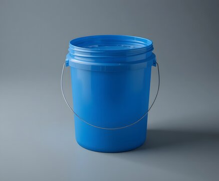 Bright blue empty plastic bucket with metal handle ready for various uses. 5 gallon pail bucket