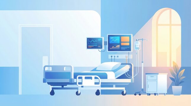Hospital room with patient bed and medical monitors in a calm bright pastel vector illustration