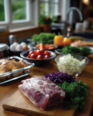 An inviting display of fresh and diverse ingredients, including vegetables and meats, beautifully arranged to inspire culinary creativity and healthy meal preparation in a homey kitchen.