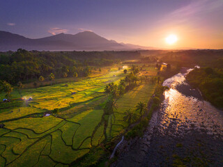 Beautiful morning view in Indonesia, panoramic landscape of rice fields with mountain ranges and clear sky