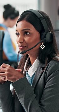 Call center, support or woman in office with headset, lead generation or customer service in crm management. Telemarketing, coworking or agents with tech, outbound contact or feedback in help desk.