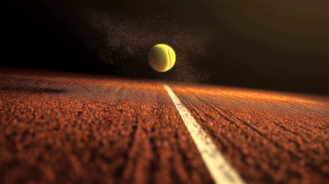 Pelota de tenis flotando sobre l&iacute;nea de cancha de arcilla fondo negro, Recurso gr&aacute;fico para publicidad de tenis y fondo editorial deportivo, Mockup de pelota de tenis en cancha de tierra batida 
