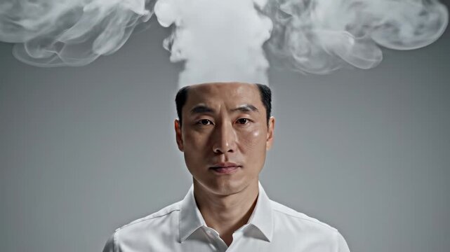 Metaphorical representation of mental breakdown showing a stressed asian businessman's head exploding into a cloud of smoke, symbolizing burnout, information overload, and psychological pressure