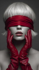 Fine art portrait of woman with red gloves and blindfold