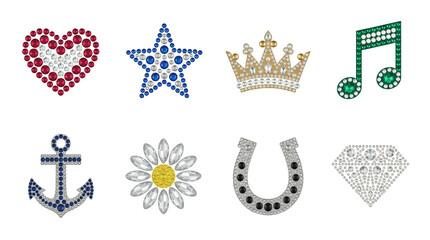 Fototapeta premium Rhinestone symbol set including heart, star, crown, note, anchor, flower, horseshoe, and diamond isolated. Sparkling crystal decoration and fashion embellishment.