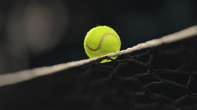 Pelota de tenis amarilla en la red fondo oscuro, Recurso para banner publicitario de tenis profesional, Mockup para publicidad de torneos de tenis profesionales