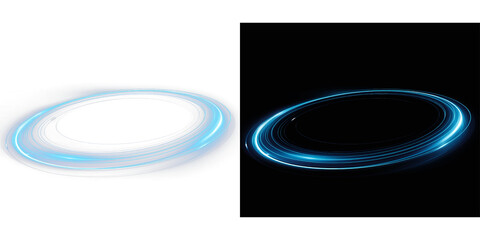 Blue neon circle ring portal motion on dark blue background, neon ring swirl effect, modern fantasy spiral PNG motion effect © Alehandro